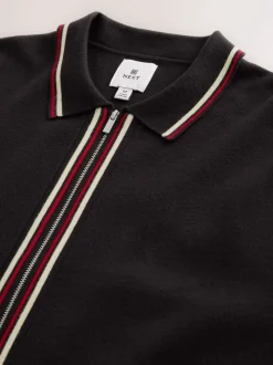 Brown N.Premium Regular Fit Mid Weight Tipped Zip Through Collared Cardigan