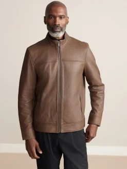 Brown Nubuck Signature Leather Funnel Neck Jacket