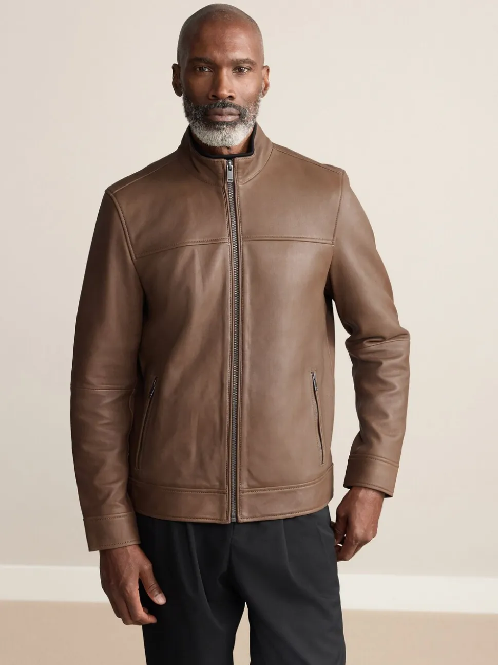 Brown Nubuck Signature Leather Funnel Neck Jacket