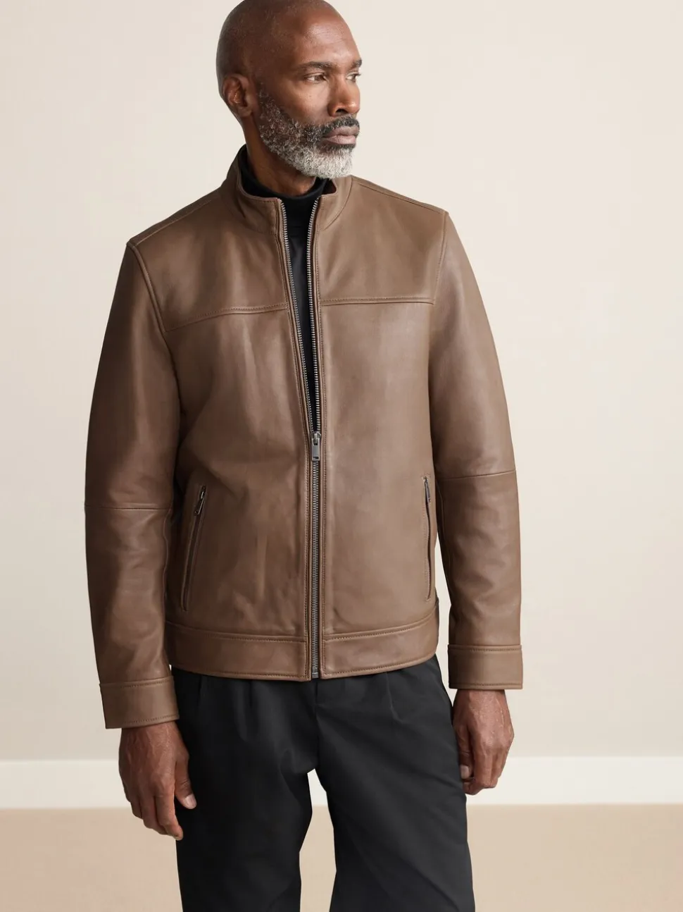 Brown Nubuck Signature Leather Funnel Neck Jacket