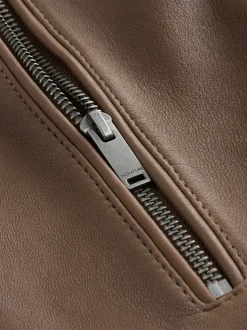 Brown Nubuck Signature Leather Funnel Neck Jacket