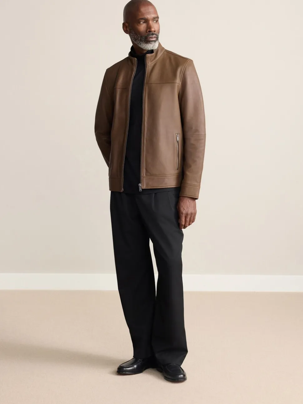 Brown Nubuck Signature Leather Funnel Neck Jacket