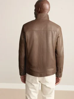 Brown Nubuck Signature Leather Funnel Neck Jacket
