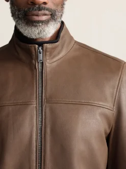 Brown Nubuck Signature Leather Funnel Neck Jacket