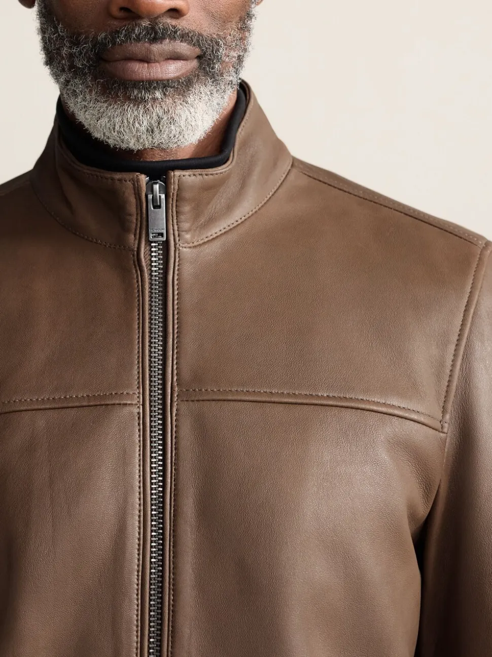 Brown Nubuck Signature Leather Funnel Neck Jacket