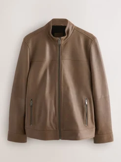 Brown Nubuck Signature Leather Funnel Neck Jacket