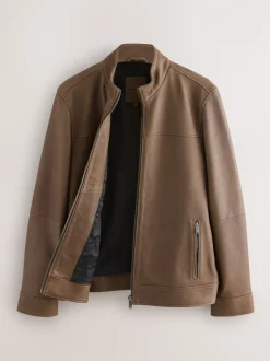 Brown Nubuck Signature Leather Funnel Neck Jacket