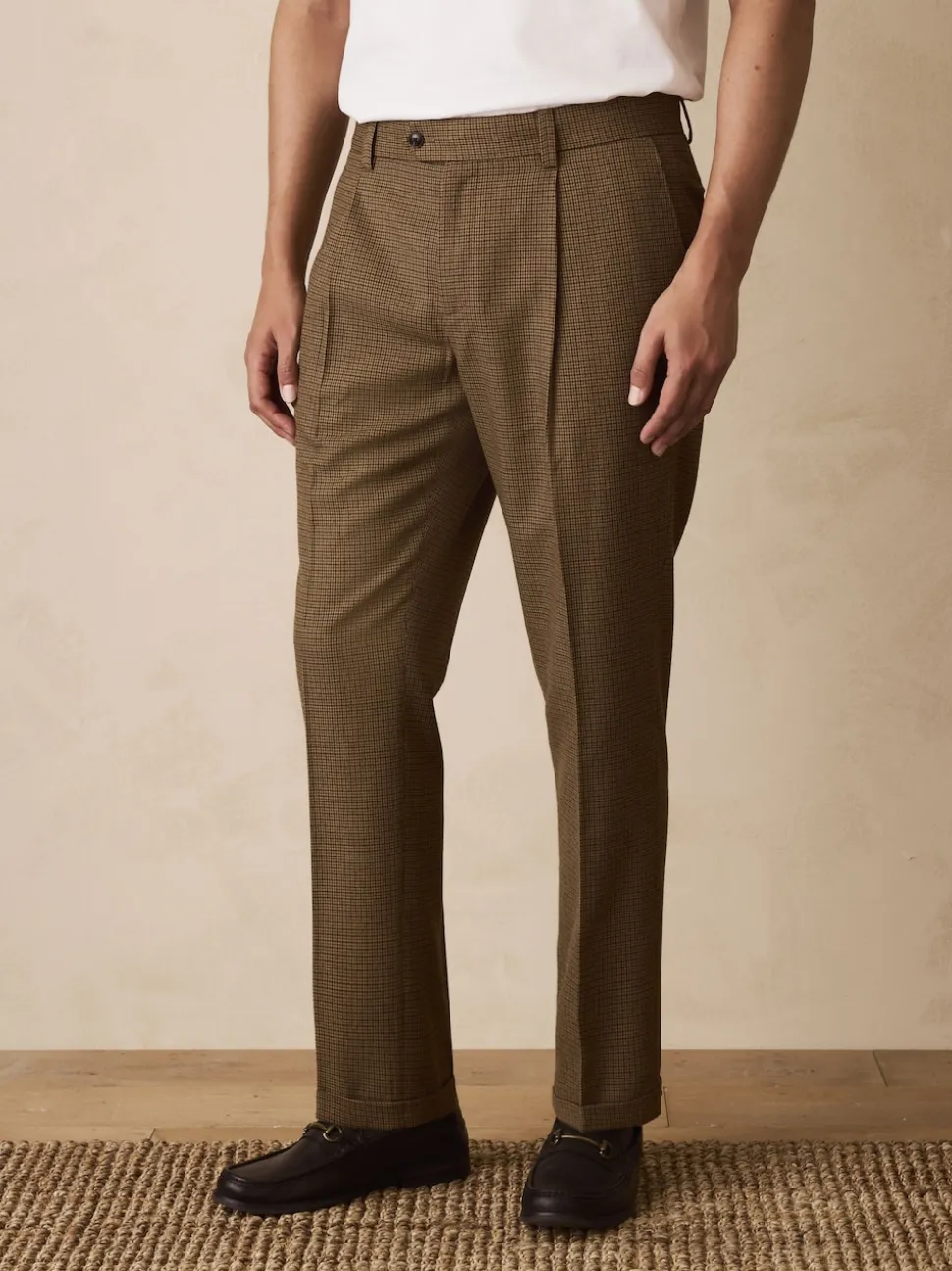Brown Puppytooth Slim Fit Smart Textured Trousers