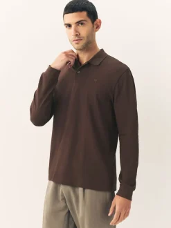 Brown Regular Fit Long Sleeve Pique Polo Shirt