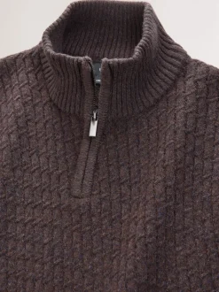 Brown Regular Fit Textured Quarter Zip Neck Jumper