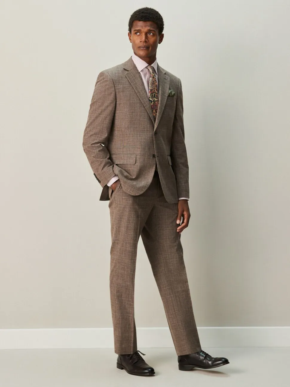 Brown Regular Fit Trimmed Check Suit Jacket