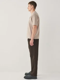 Brown Regular Tapered Fit Single Pleated Stretch Chinos Trousers