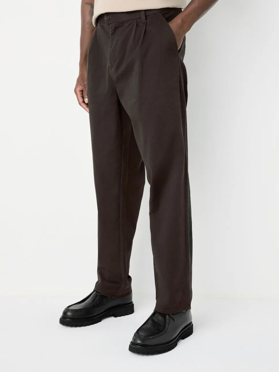 Brown Relaxed Tapered Fit Twin Pleated Stretch Chinos Trousers