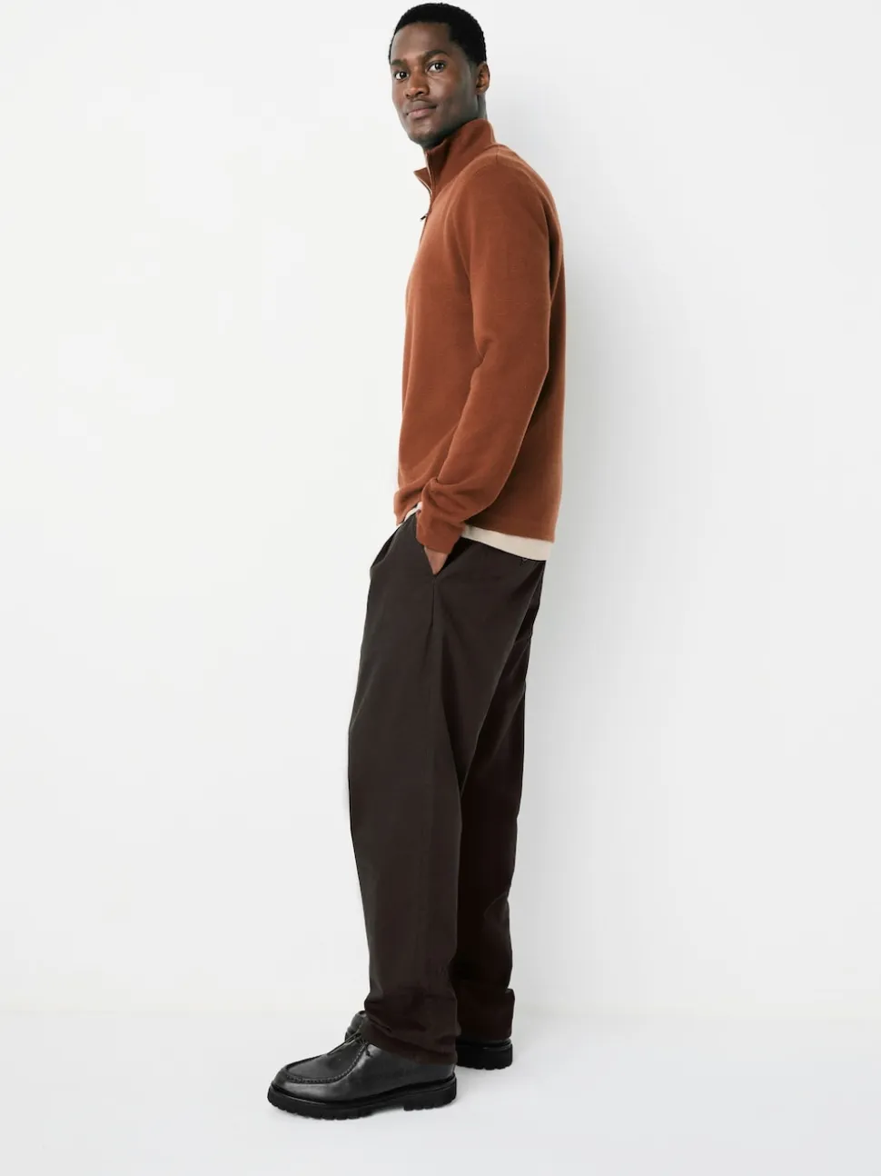 Brown Relaxed Tapered Fit Twin Pleated Stretch Chinos Trousers