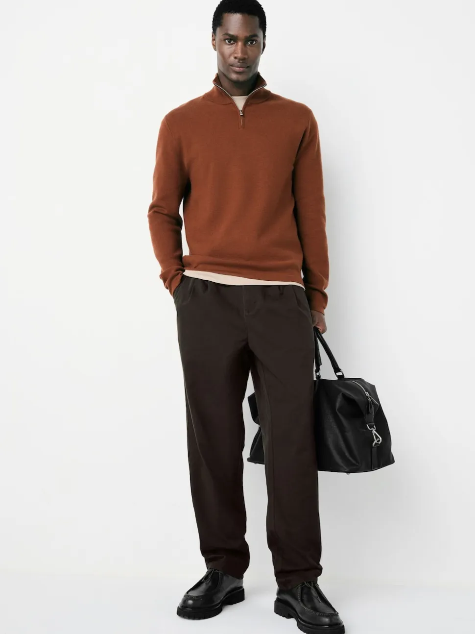 Brown Relaxed Tapered Fit Twin Pleated Stretch Chinos Trousers