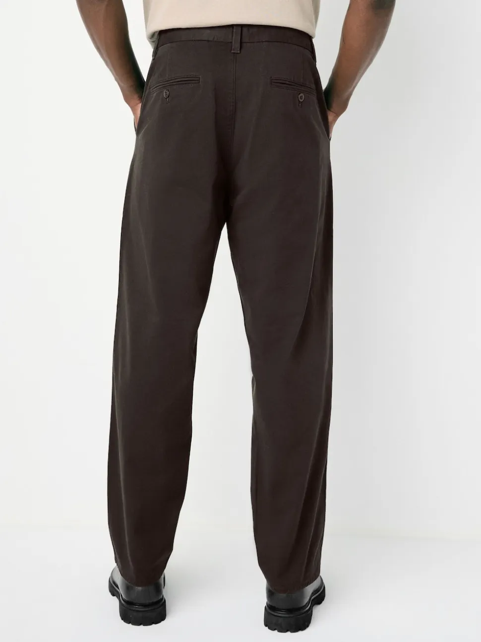 Brown Relaxed Tapered Fit Twin Pleated Stretch Chinos Trousers