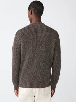 Brown Rib Texture Zip Through Cardigan with Wool