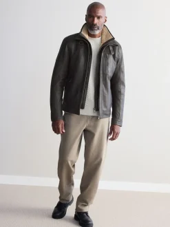 Brown Signature Four Pocket Borg Lined Leather Jacket