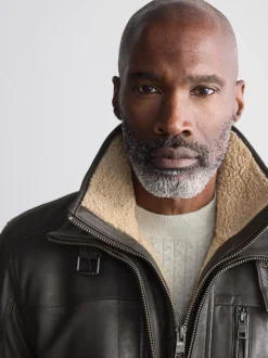 Brown Signature Four Pocket Borg Lined Leather Jacket