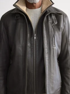 Brown Signature Four Pocket Borg Lined Leather Jacket