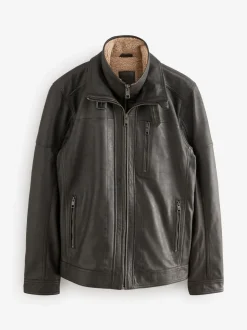 Brown Signature Four Pocket Borg Lined Leather Jacket