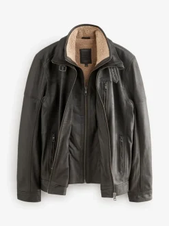 Brown Signature Four Pocket Borg Lined Leather Jacket