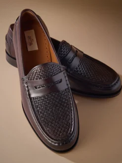 Brown Signature Leather Sole Woven Loafers