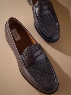 Brown Signature Leather Sole Woven Loafers