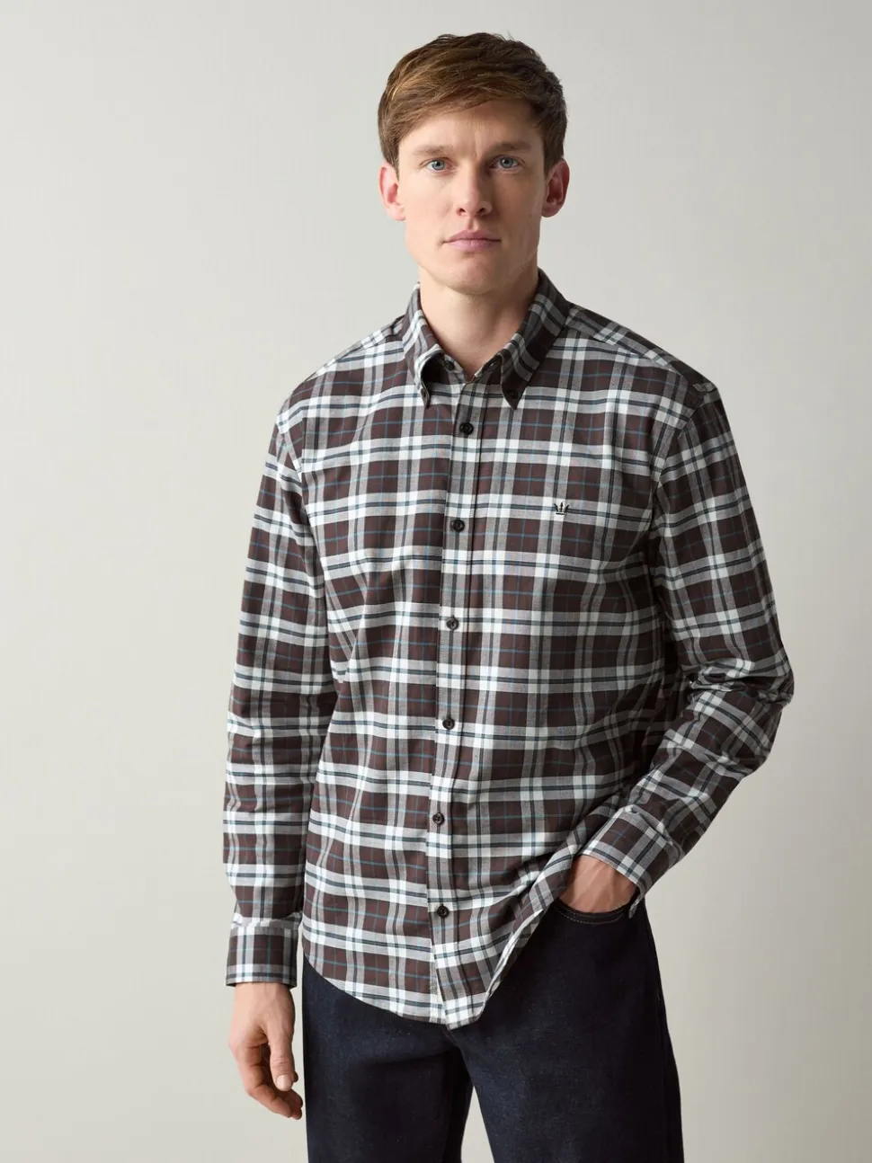 Brown Slim Fit Long Sleeve Check Stretch Oxford Shirt