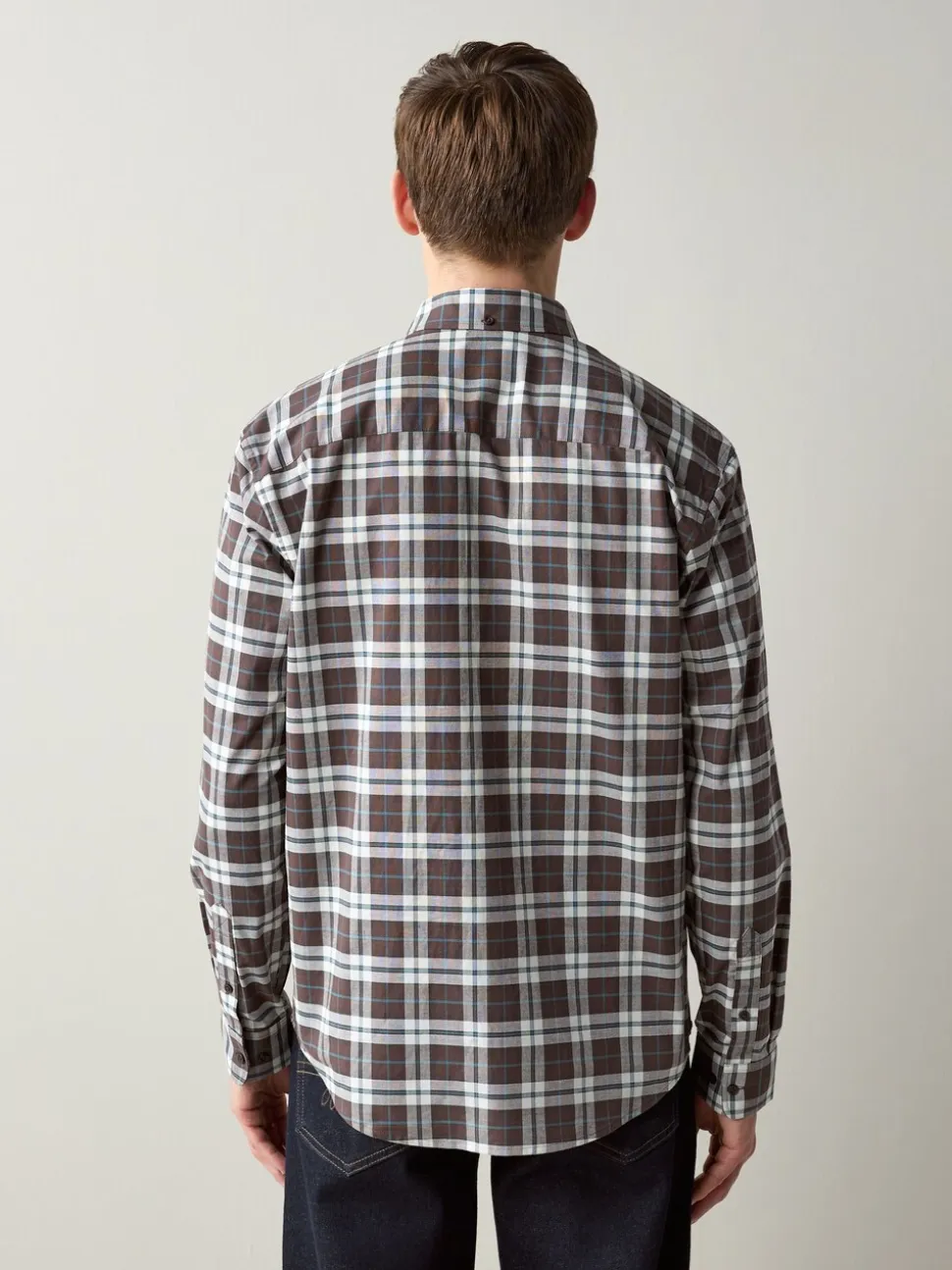 Brown Slim Fit Long Sleeve Check Stretch Oxford Shirt