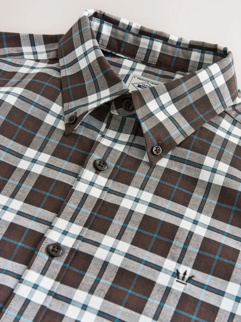 Brown Slim Fit Long Sleeve Check Stretch Oxford Shirt