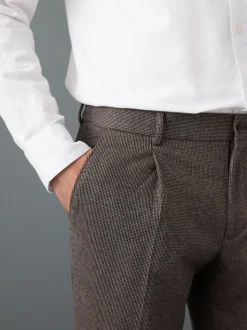 Brown Slim Fit Smart Elasticated Back Textured Trousers with Stretch