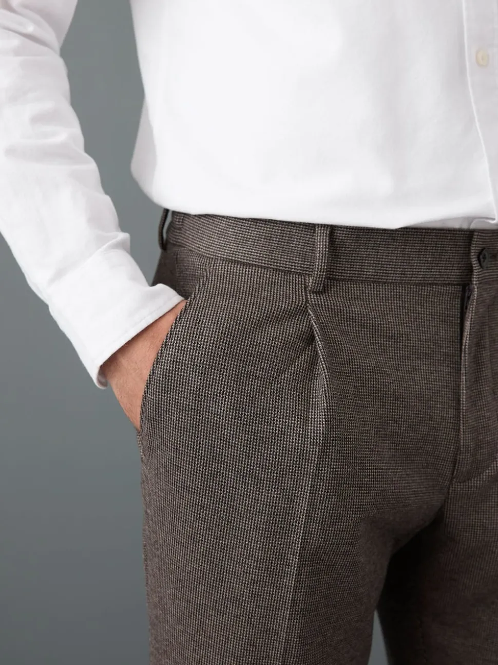 Brown Slim Fit Smart Elasticated Back Textured Trousers with Stretch
