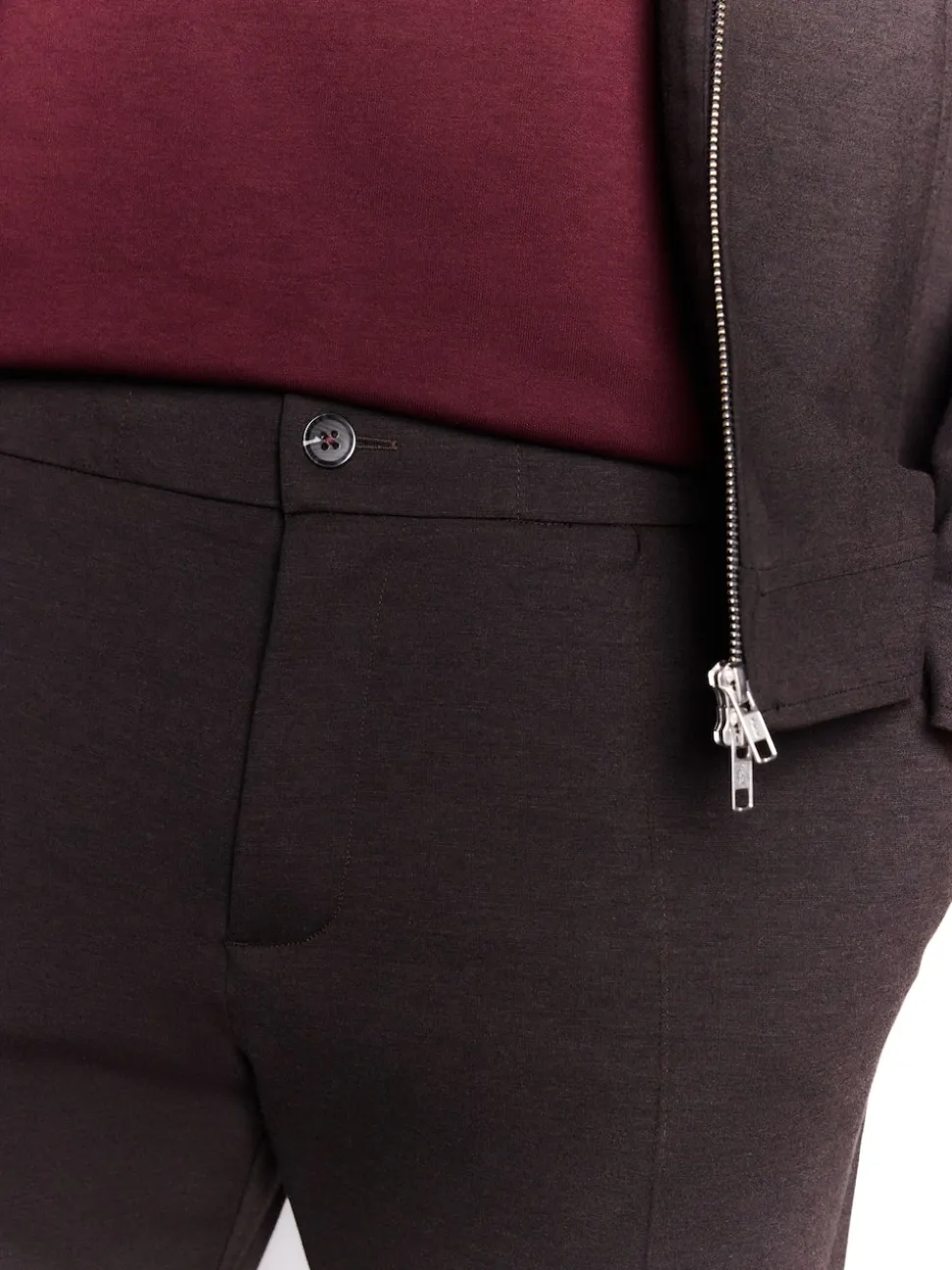 Brown Slim Fit Smart Elasticated Waistband Trousers With Wool Content