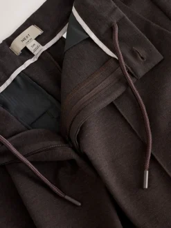 Brown Slim Fit Smart Elasticated Waistband Trousers With Wool Content