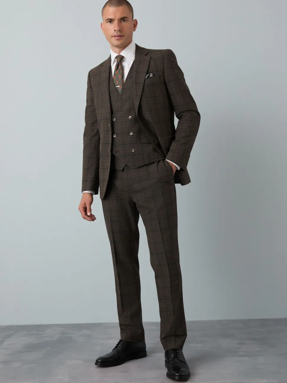 Brown Slim Fit Trimmed Check Suit Waistcoat