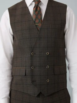 Brown Slim Fit Trimmed Check Suit Waistcoat