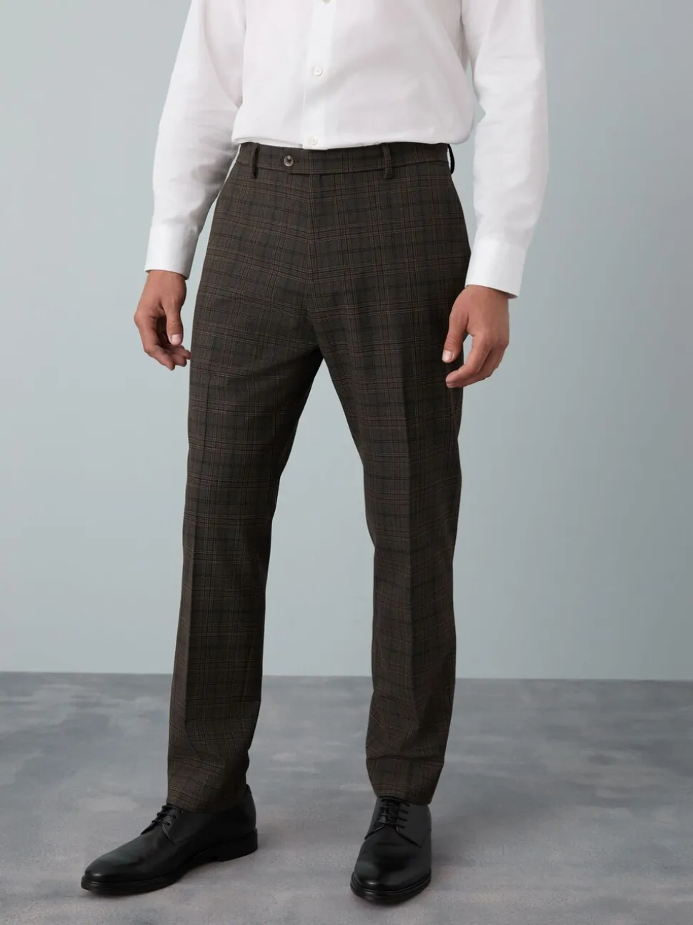 Brown Slim Fit Trimmed Check Suit Trousers