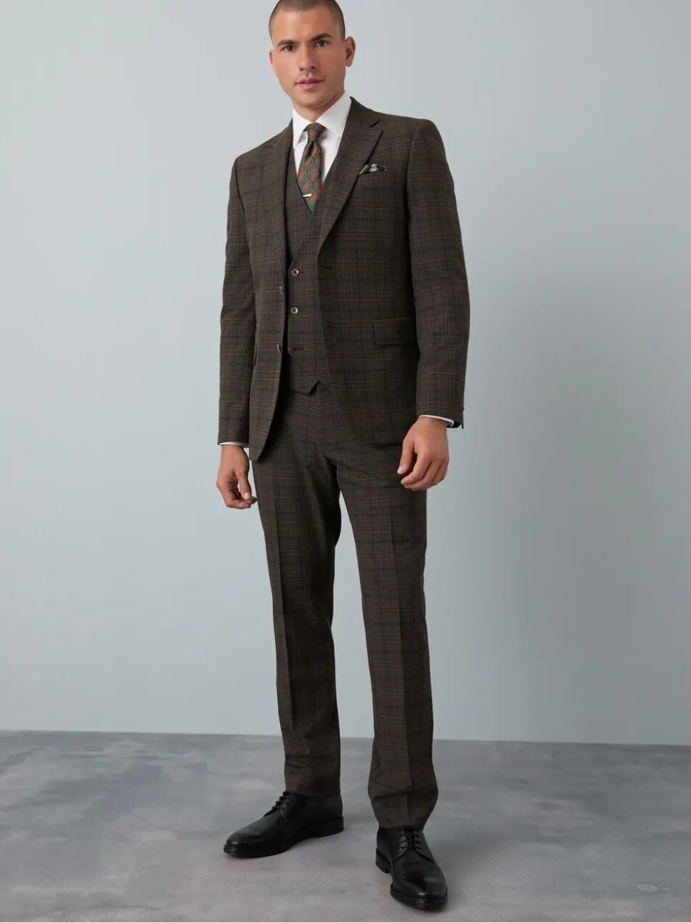 Brown Slim Fit Trimmed Check Suit Trousers