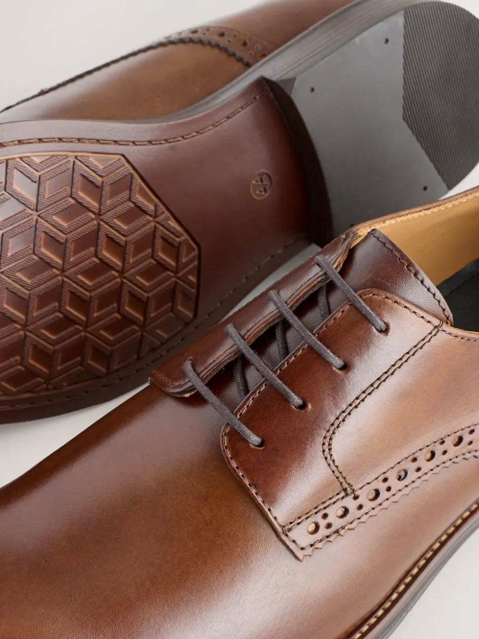 Brown Standard Fit Leather Contrast Sole Derby Shoes
