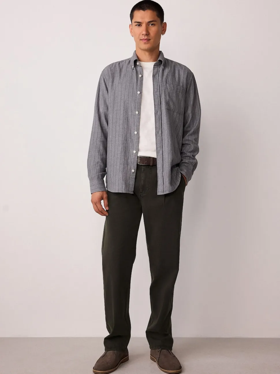 Brown Straight Fit Belted Trousers