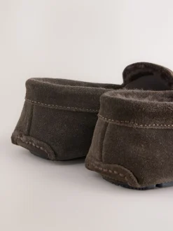 Brown Suede Faux Fur Lined Moccasin Slippers