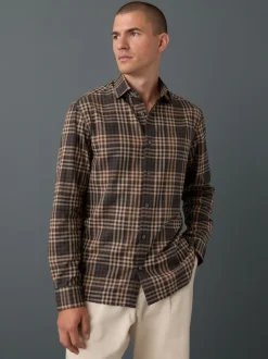 Brown Tonal Regular Fit Check Soft Touch 100% Cotton Smart Long Sleeve Shirt