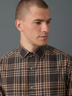 Brown Tonal Regular Fit Check Soft Touch 100% Cotton Smart Long Sleeve Shirt