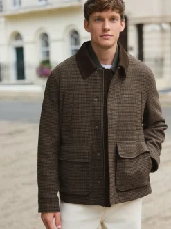 Brown Wool Blend Dogtooth Quilted Corduroy Collar Jacket
