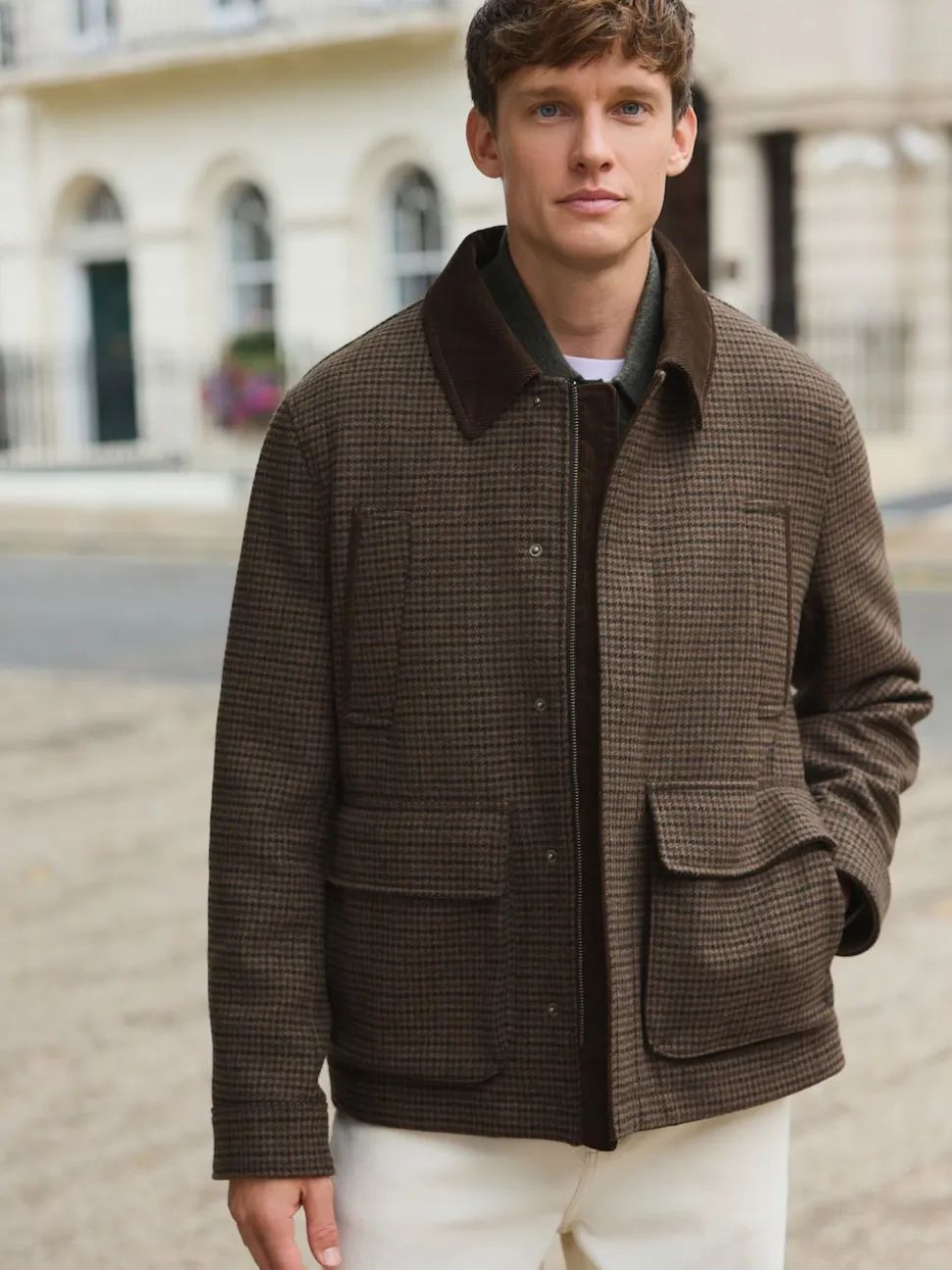 Brown Wool Blend Dogtooth Quilted Corduroy Collar Jacket