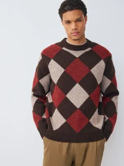 Brown/Red Regular Fit Argyle Pattern Crew Jumper with Wool