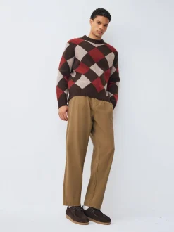 Brown/Red Regular Fit Argyle Pattern Crew Jumper with Wool