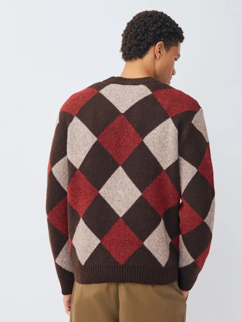 Brown/Red Regular Fit Argyle Pattern Crew Jumper with Wool
