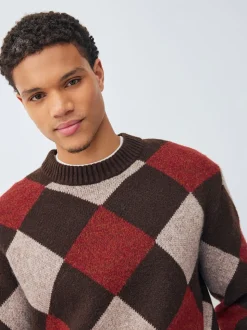 Brown/Red Regular Fit Argyle Pattern Crew Jumper with Wool